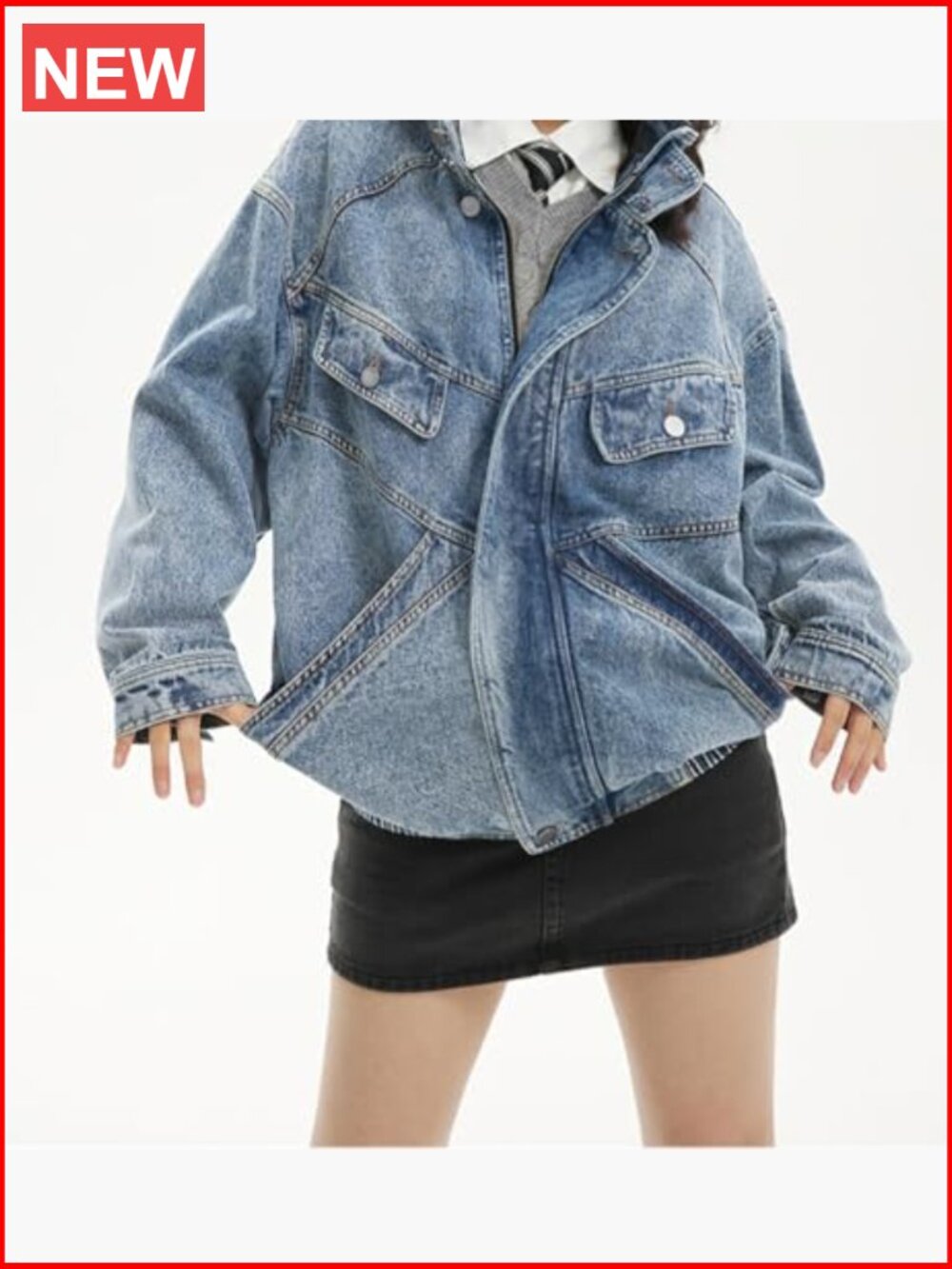 Oversized Stand Collar Shacket Jean Jacket Zip Up Distressed Frayed Denim Coat - Picture 6 of 7